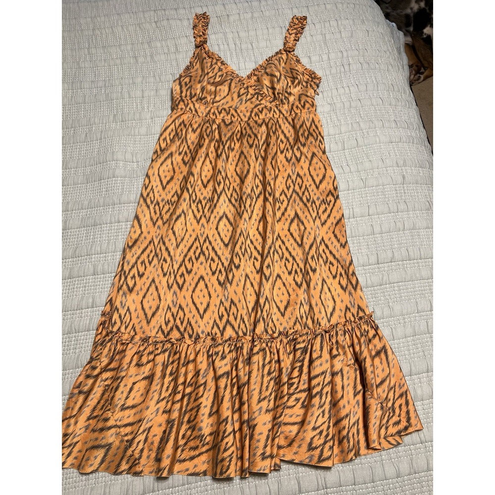 Joie Orange Aztec Southwestern Boho 100% Silk Summer Ruffle Dress Size 12